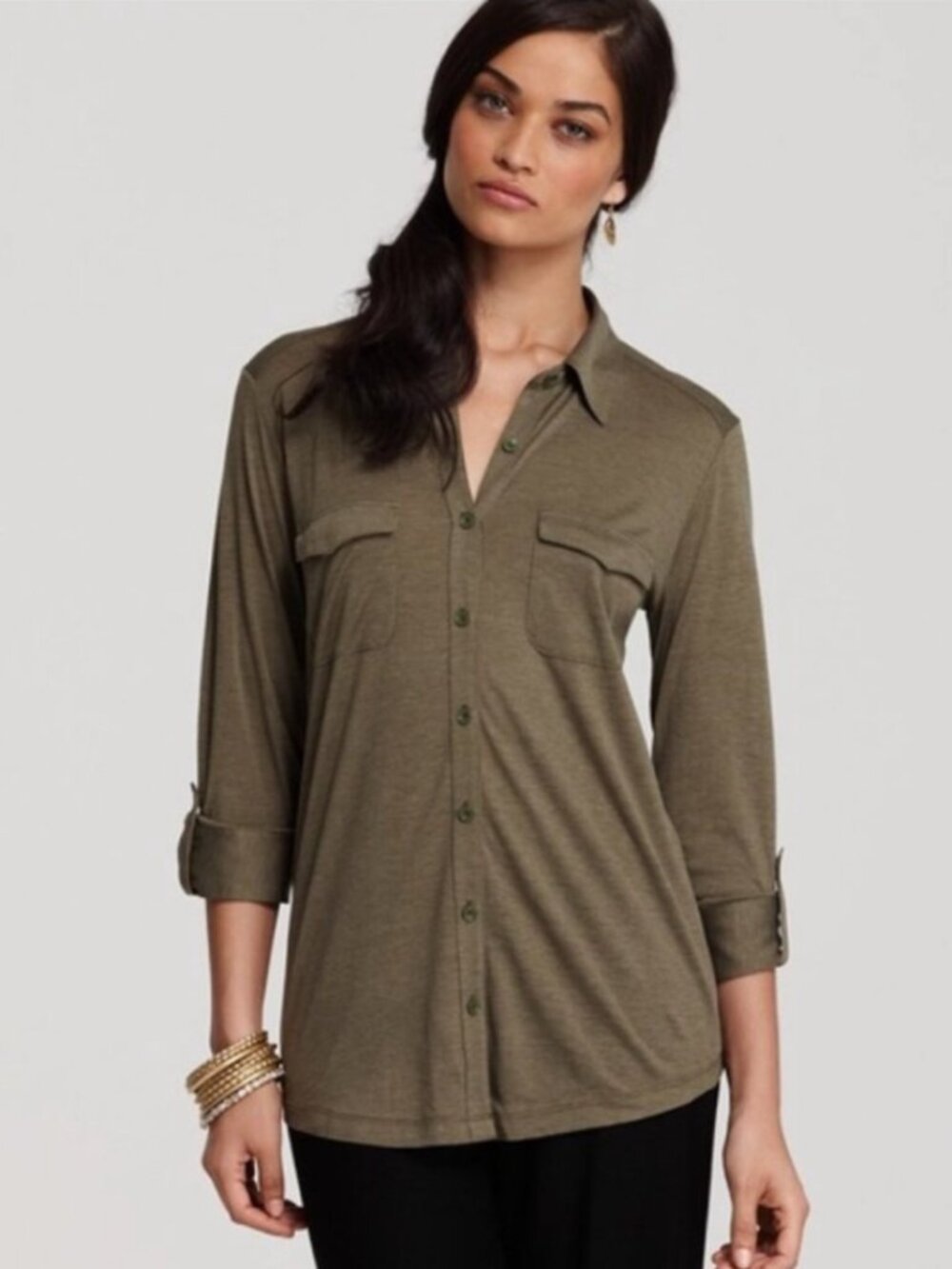 Eileen Fisher Silk Cotton Jersey Button Down Shirt Patch Pockets Olive Green